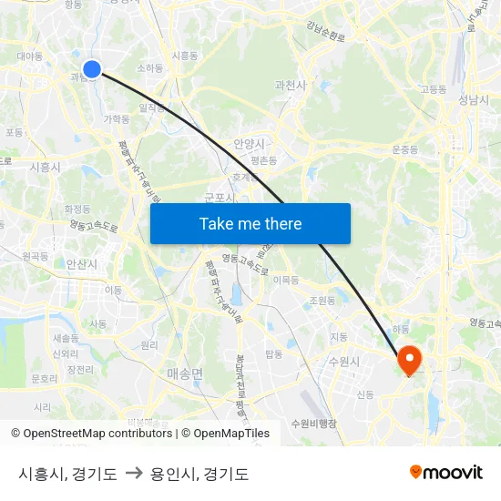 시흥시, 경기도 to 용인시, 경기도 map