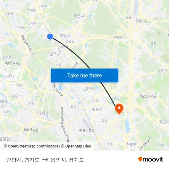 안양시, 경기도 to 용인시, 경기도 map