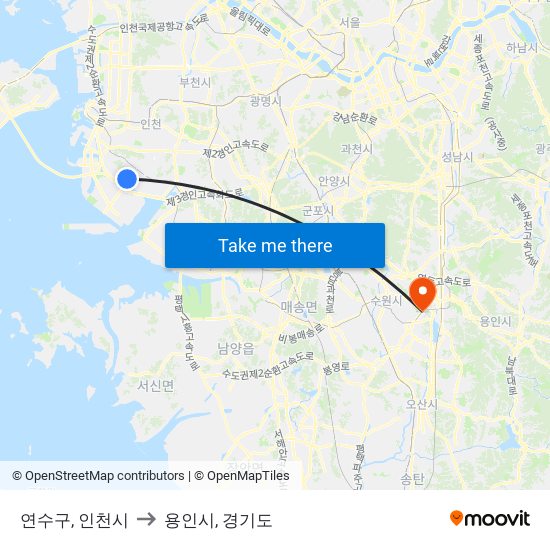 연수구, 인천시 to 용인시, 경기도 map