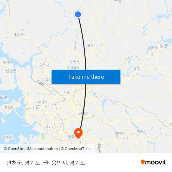 연천군, 경기도 to 용인시, 경기도 map