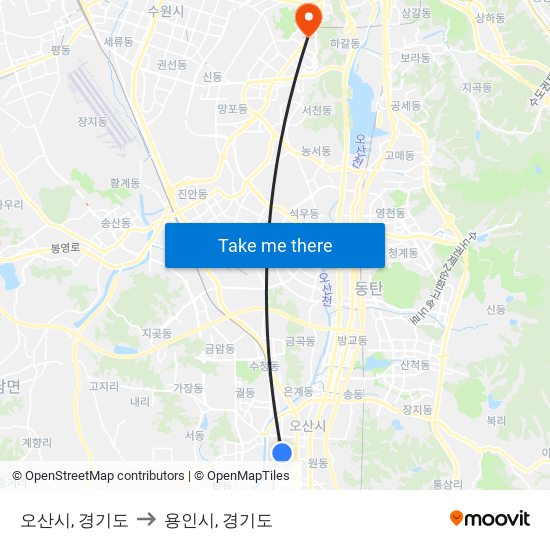 오산시, 경기도 to 용인시, 경기도 map