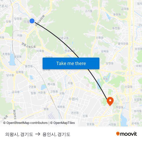 의왕시, 경기도 to 용인시, 경기도 map