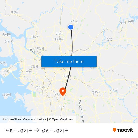 포천시, 경기도 to 용인시, 경기도 map