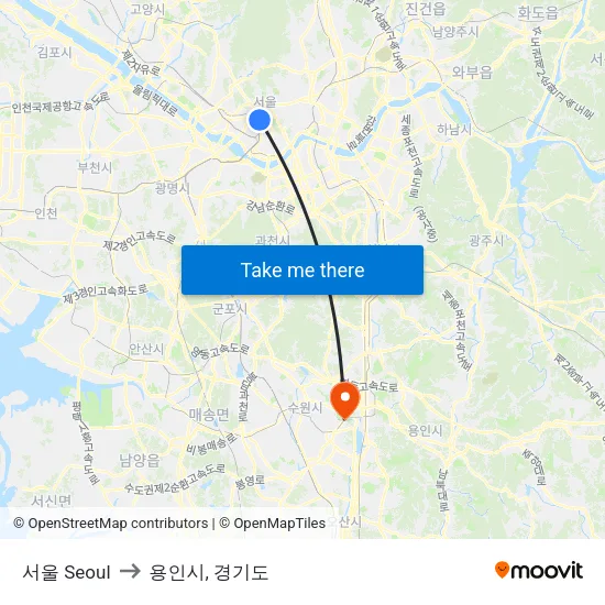 서울 Seoul to 용인시, 경기도 map