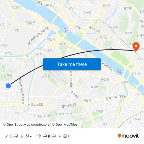 계양구, 인천시 to 은평구, 서울시 map