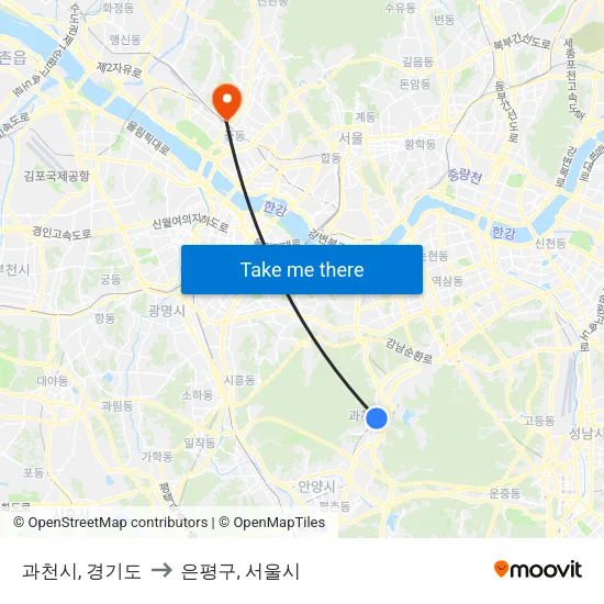 과천시, 경기도 to 은평구, 서울시 map