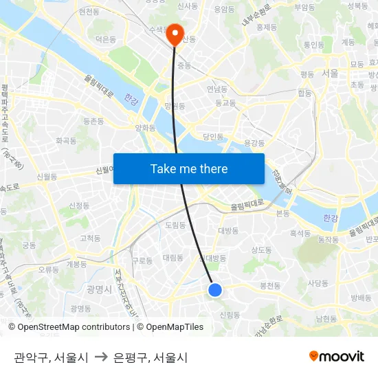 관악구, 서울시 to 은평구, 서울시 map