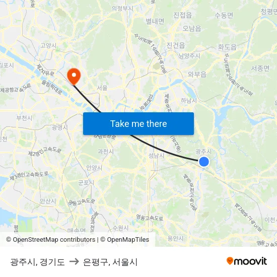 광주시, 경기도 to 은평구, 서울시 map