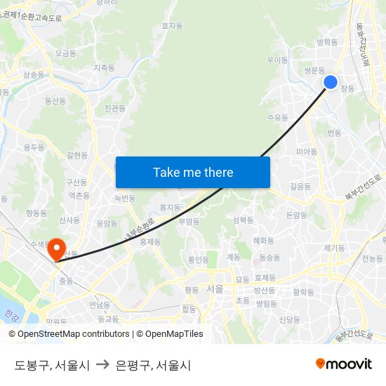도봉구, 서울시 to 은평구, 서울시 map