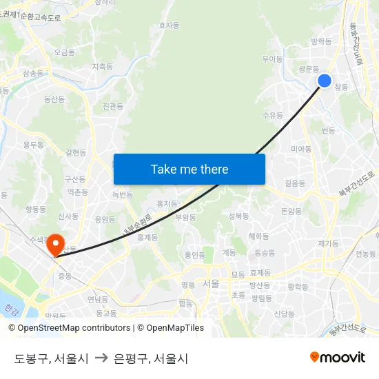 도봉구, 서울시 to 은평구, 서울시 map