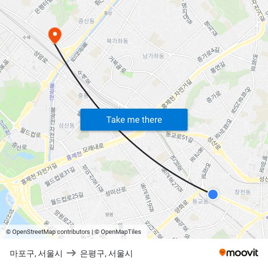 마포구, 서울시 to 은평구, 서울시 map