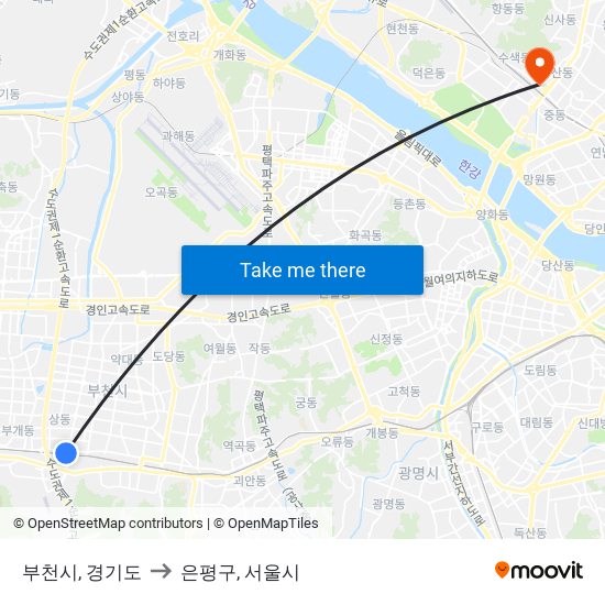 부천시, 경기도 to 은평구, 서울시 map