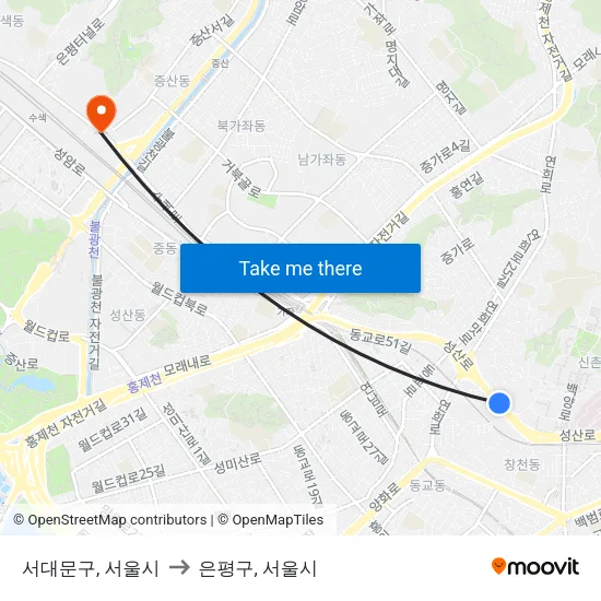 서대문구, 서울시 to 은평구, 서울시 map
