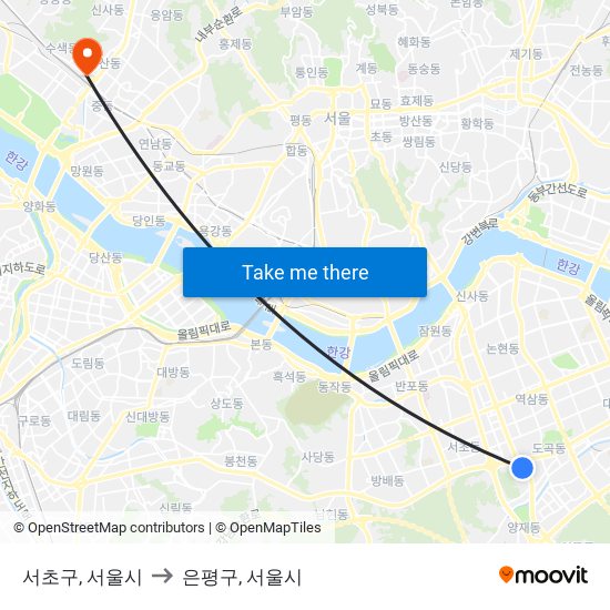 서초구, 서울시 to 은평구, 서울시 map