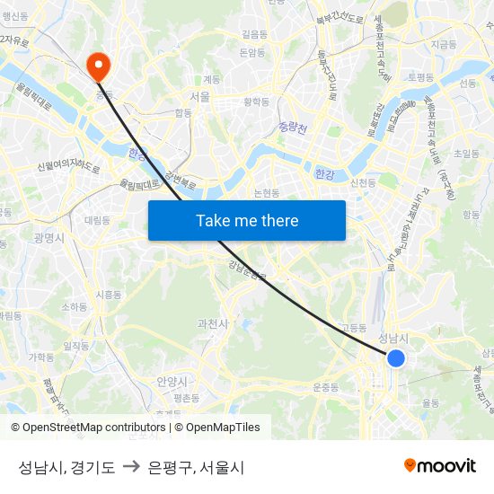 성남시, 경기도 to 은평구, 서울시 map