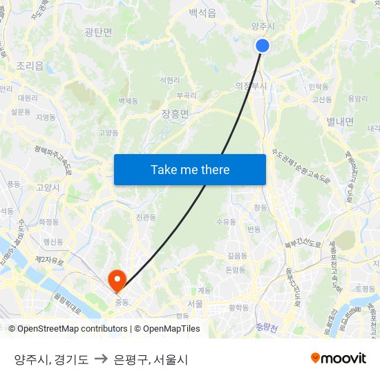 양주시, 경기도 to 은평구, 서울시 map