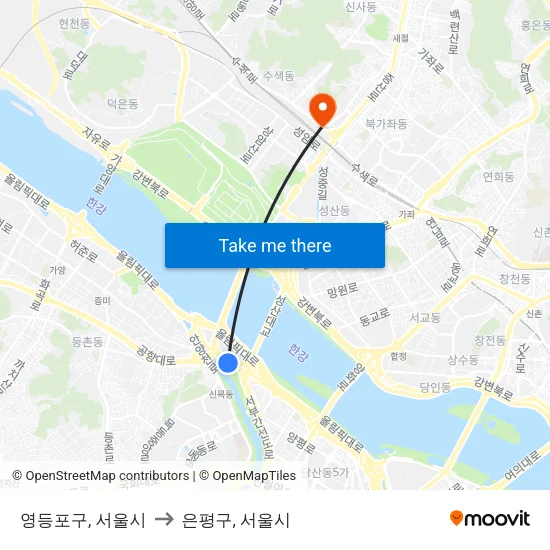 영등포구, 서울시 to 은평구, 서울시 map