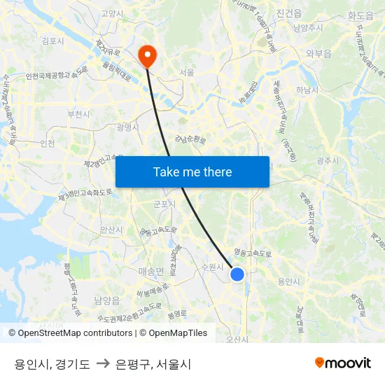 용인시, 경기도 to 은평구, 서울시 map