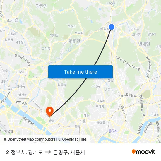 의정부시, 경기도 to 은평구, 서울시 map