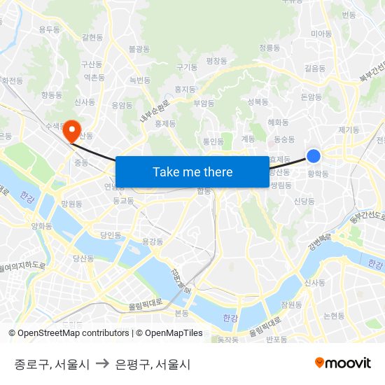 종로구, 서울시 to 은평구, 서울시 map