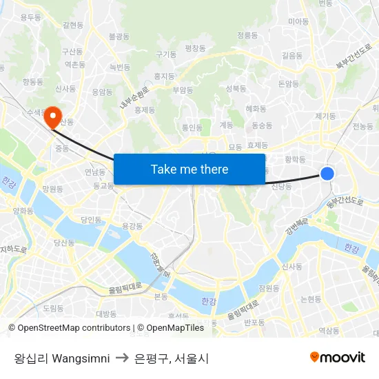 왕십리 Wangsimni to 은평구, 서울시 map