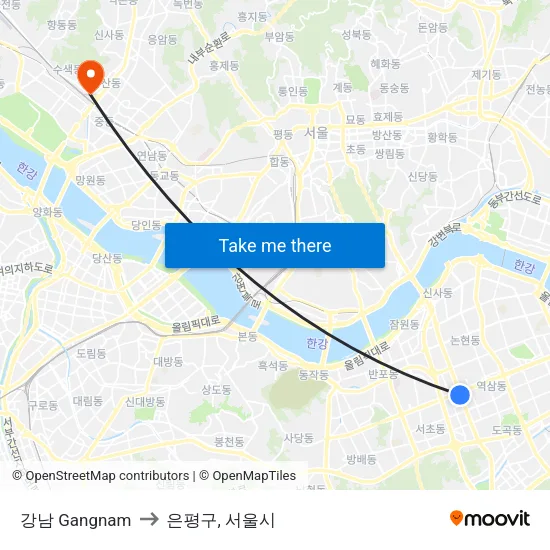 강남 Gangnam to 은평구, 서울시 map