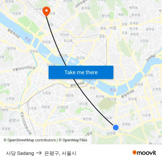 사당 Sadang to 은평구, 서울시 map