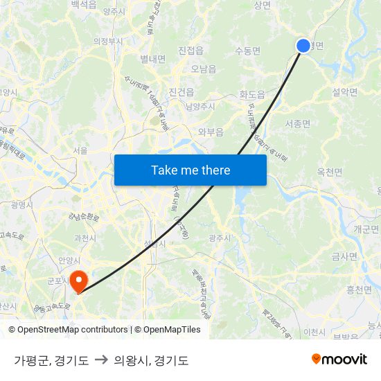 가평군, 경기도 to 의왕시, 경기도 map