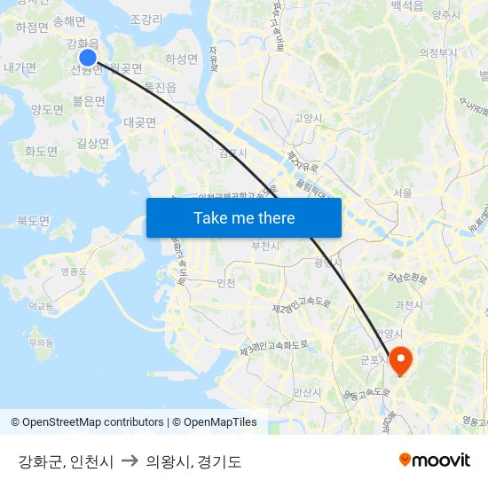 강화군, 인천시 to 의왕시, 경기도 map
