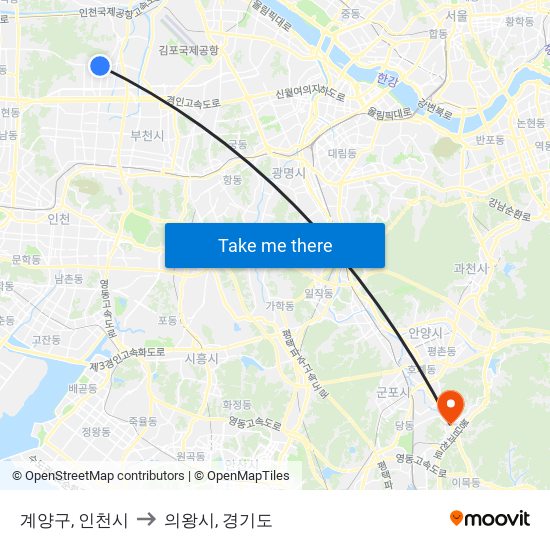 계양구, 인천시 to 의왕시, 경기도 map