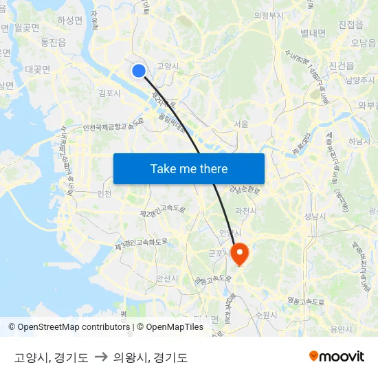 고양시, 경기도 to 의왕시, 경기도 map