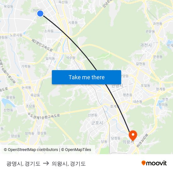 광명시, 경기도 to 의왕시, 경기도 map