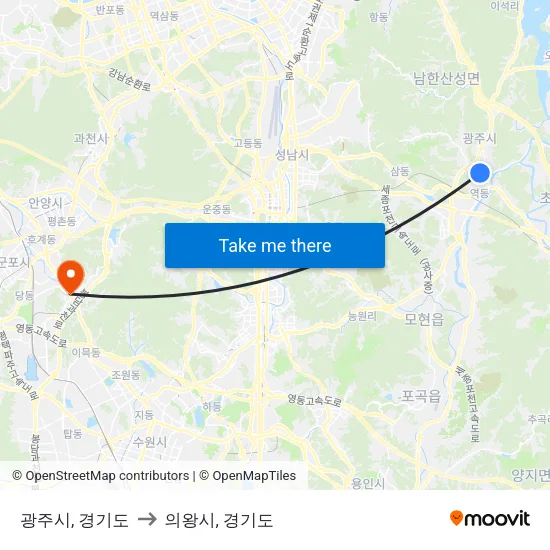 광주시, 경기도 to 의왕시, 경기도 map