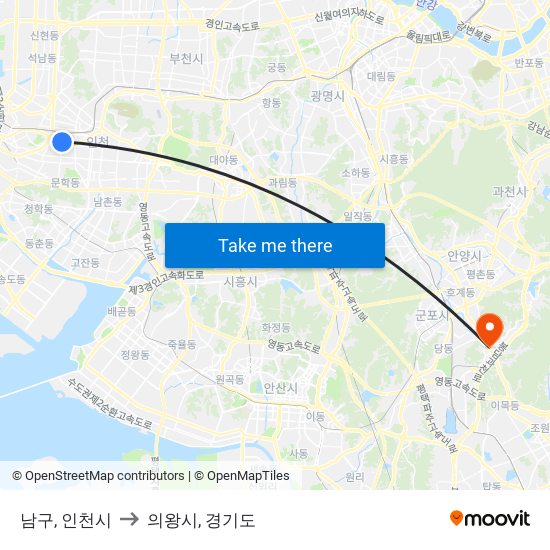 남구, 인천시 to 의왕시, 경기도 map