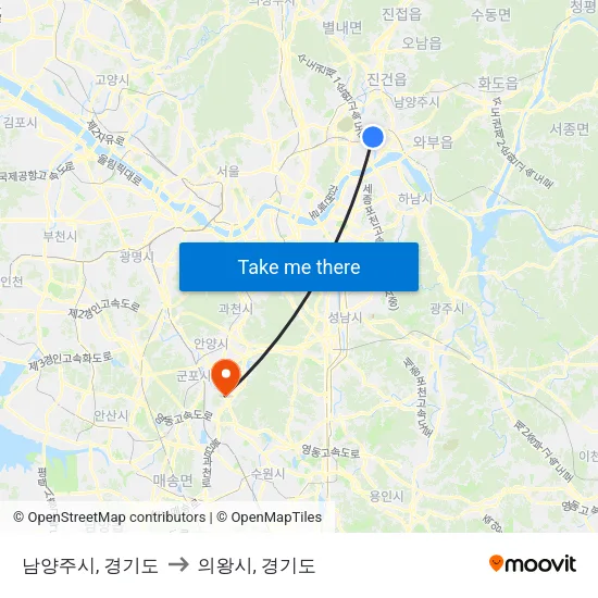 남양주시, 경기도 to 의왕시, 경기도 map