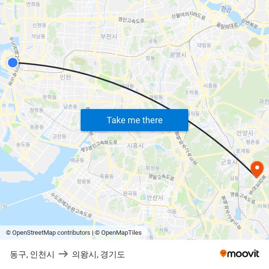 동구, 인천시 to 의왕시, 경기도 map