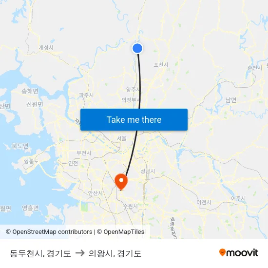 동두천시, 경기도 to 의왕시, 경기도 map