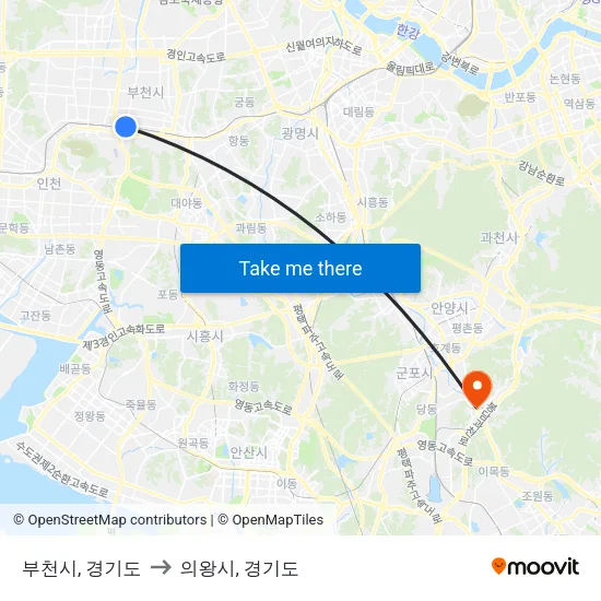부천시, 경기도 to 의왕시, 경기도 map