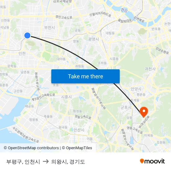 부평구, 인천시 to 의왕시, 경기도 map