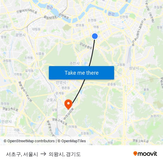 서초구, 서울시 to 의왕시, 경기도 map