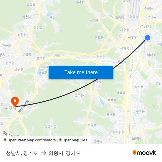 성남시, 경기도 to 의왕시, 경기도 map