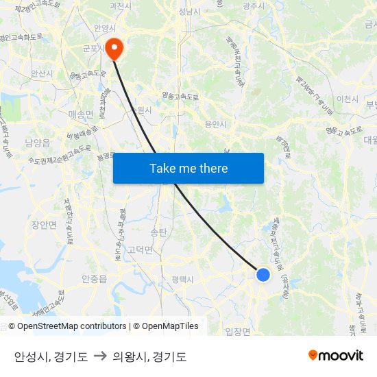 안성시, 경기도 to 의왕시, 경기도 map