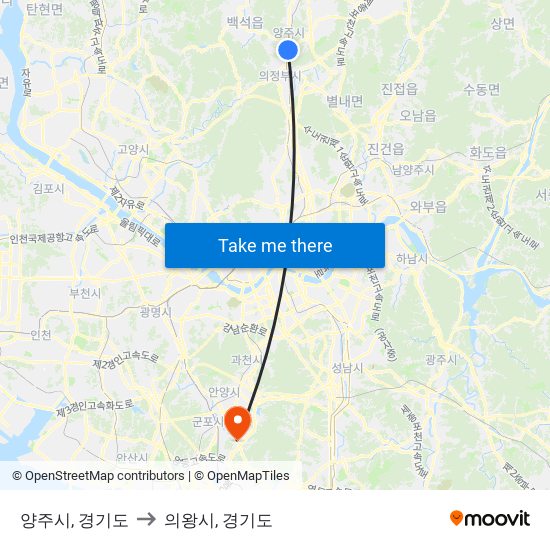 양주시, 경기도 to 의왕시, 경기도 map