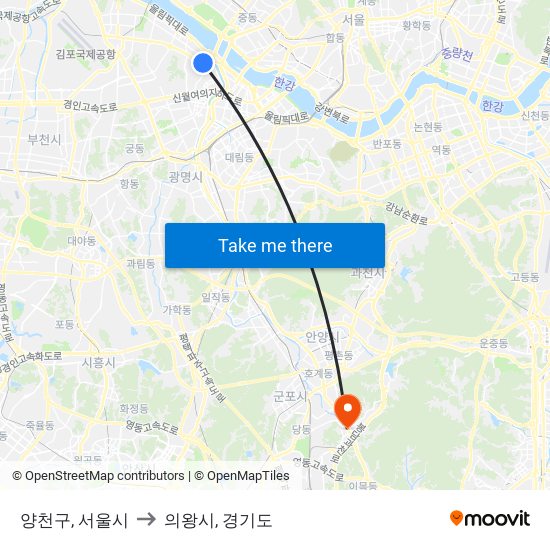 양천구, 서울시 to 의왕시, 경기도 map