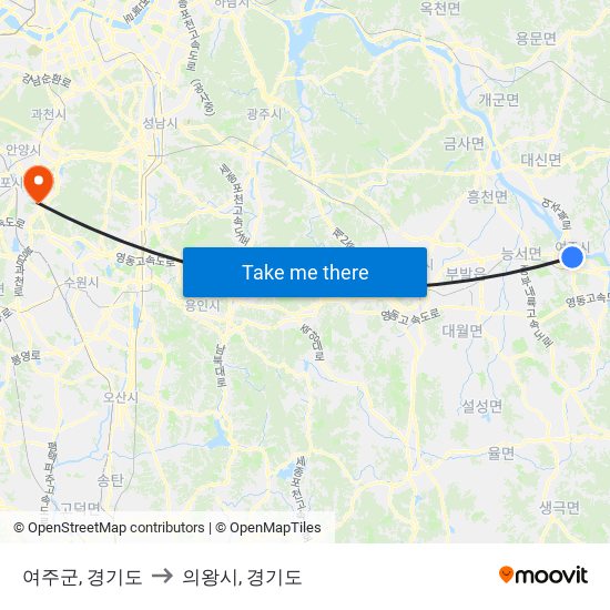 여주군, 경기도 to 의왕시, 경기도 map