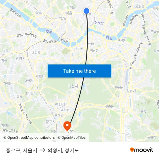 종로구, 서울시 to 의왕시, 경기도 map