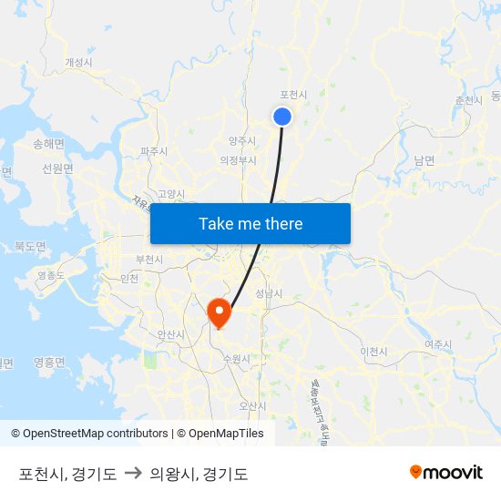 포천시, 경기도 to 의왕시, 경기도 map