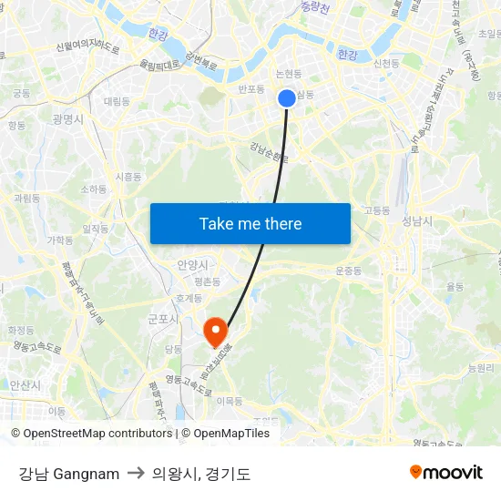 강남 Gangnam to 의왕시, 경기도 map