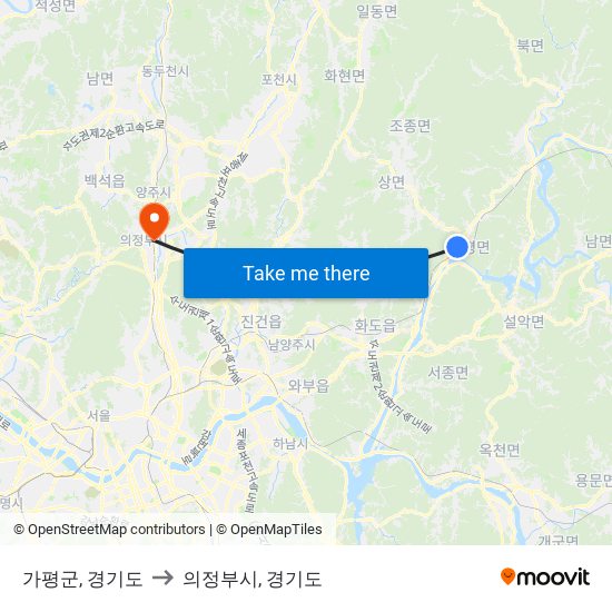 가평군, 경기도 to 의정부시, 경기도 map