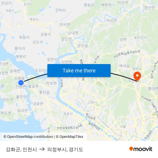 강화군, 인천시 to 의정부시, 경기도 map